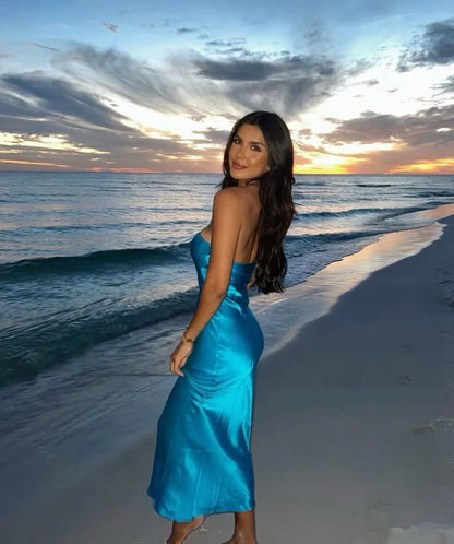 Sleek Satin Sheath Strapless Sweetheart Sleeveless Backless Midi Prom Dresses