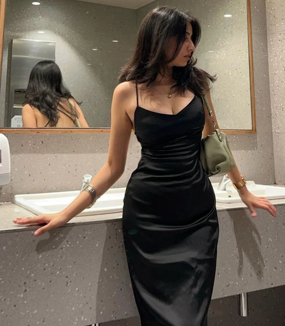 Sleek Satin V-Neck Spaghetti Strap Lace-Up Open-Back Midi Prom Dress