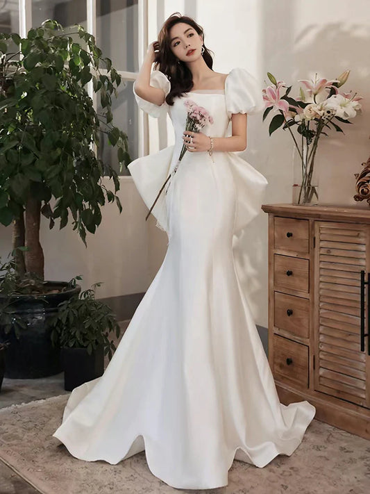 Sleek mermaid square-neck puff-sleeve back-bow floor-length prom dress