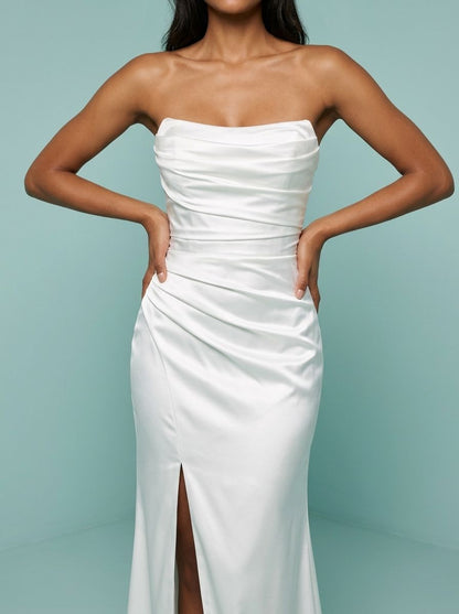 Sleek white satin mermaid strapless sweetheart corset lace up back train length wedding dress
