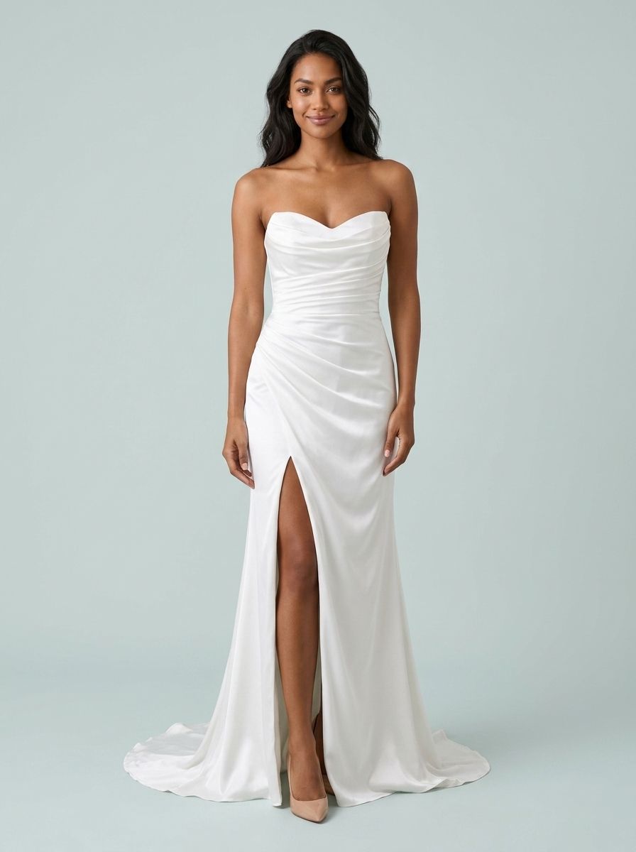 Sleek white satin mermaid strapless sweetheart corset lace up back train length wedding dress