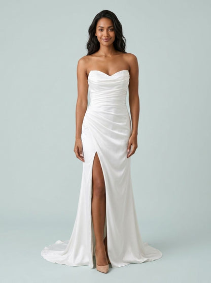 Sleek white satin mermaid strapless sweetheart corset lace up back train length wedding dress