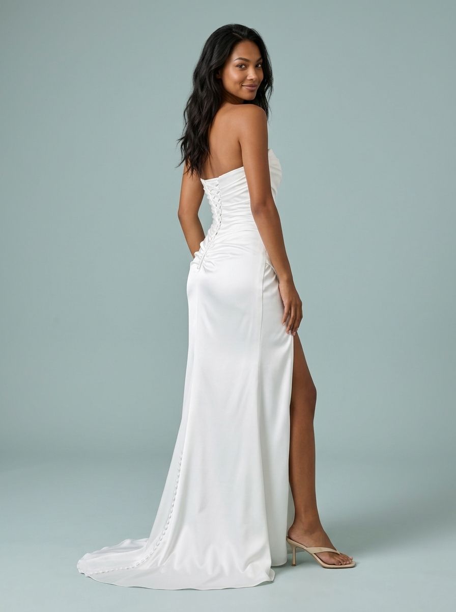 Sleek white satin mermaid strapless sweetheart corset lace up back train length wedding dress