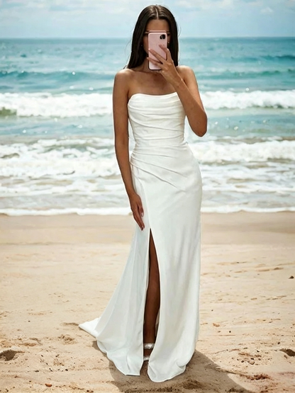 Sleek white satin mermaid strapless sweetheart corset lace up back train length wedding dress
