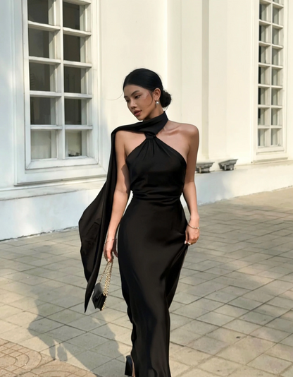Sleek draped halter one-shoulder sleeveless open-back floor-length evening dress