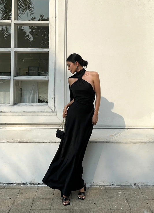 Sleek draped halter one-shoulder sleeveless open-back floor-length evening dress