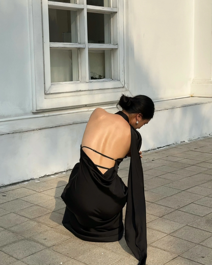 Sleek draped halter one-shoulder sleeveless open-back floor-length evening dress