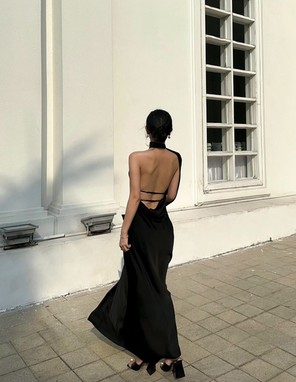 Sleek draped halter one-shoulder sleeveless open-back floor-length evening dress