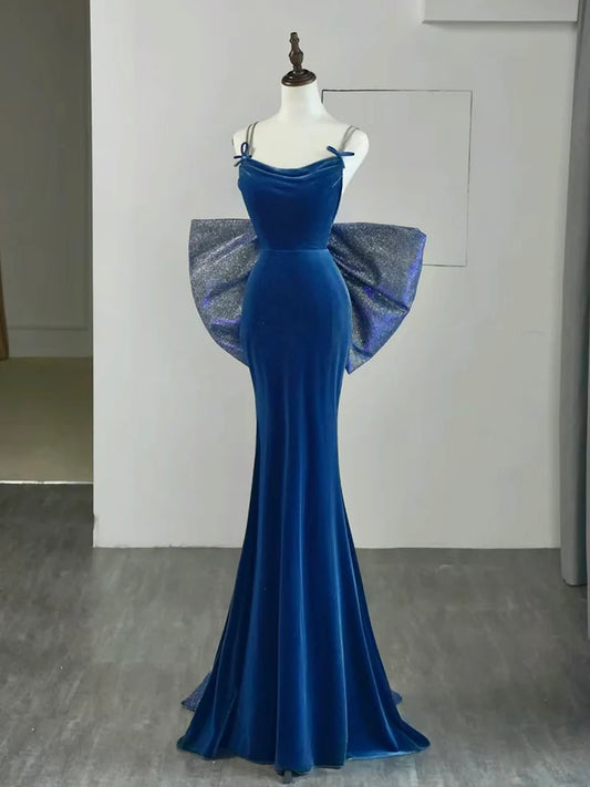 Sleek mermaid cowl-neck spaghetti-strap crystal-back bow floor-length prom dress