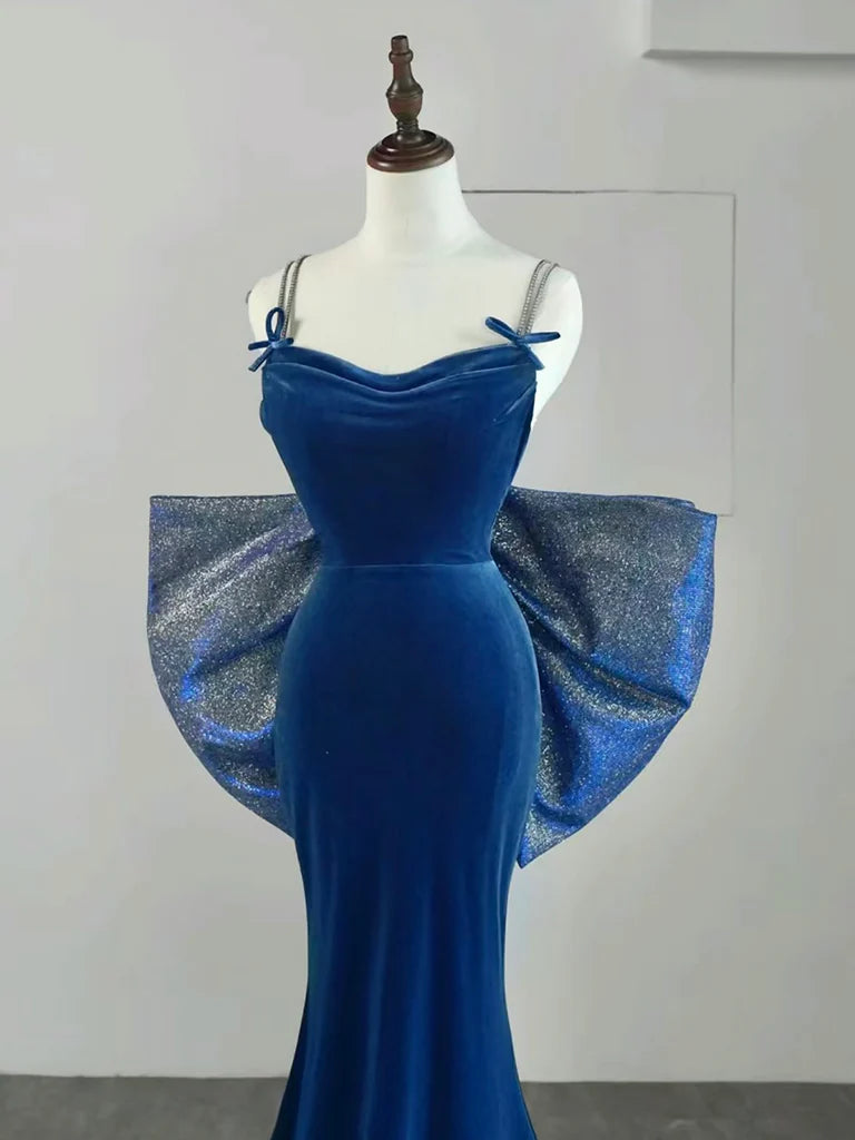 Sleek mermaid cowl-neck spaghetti-strap crystal-back bow floor-length prom dress