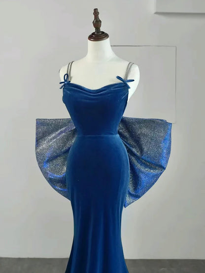 Sleek mermaid cowl-neck spaghetti-strap crystal-back bow floor-length prom dress