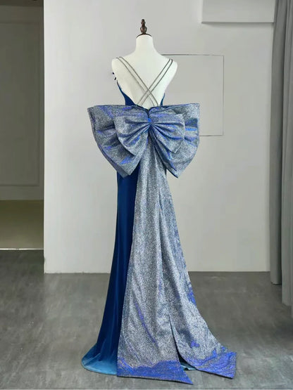 Sleek mermaid cowl-neck spaghetti-strap crystal-back bow floor-length prom dress
