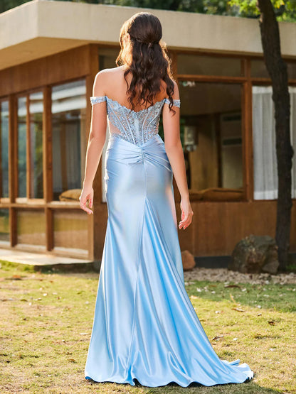 Sleek mermaid off-the-shoulder lace-bodice high-slit floor-length evening dress