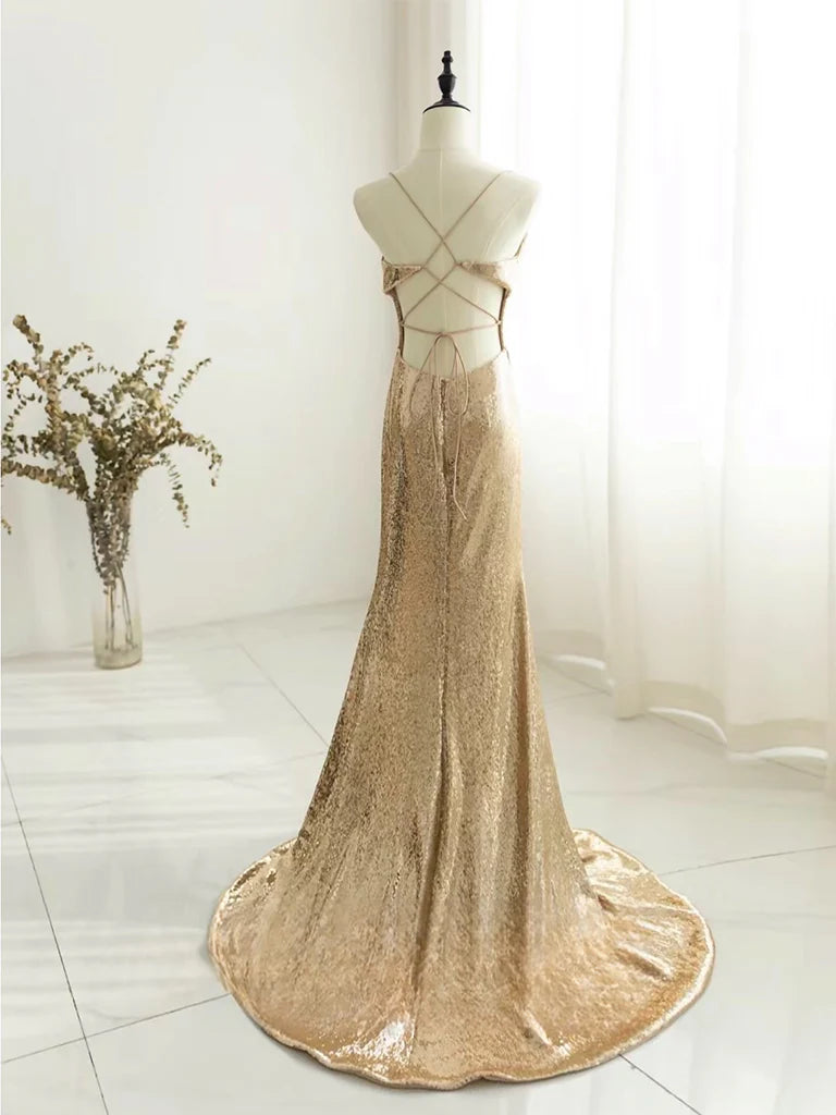 Sleek mermaid spaghetti-strap cowl-neck lace-up back floor-length sequin prom dress