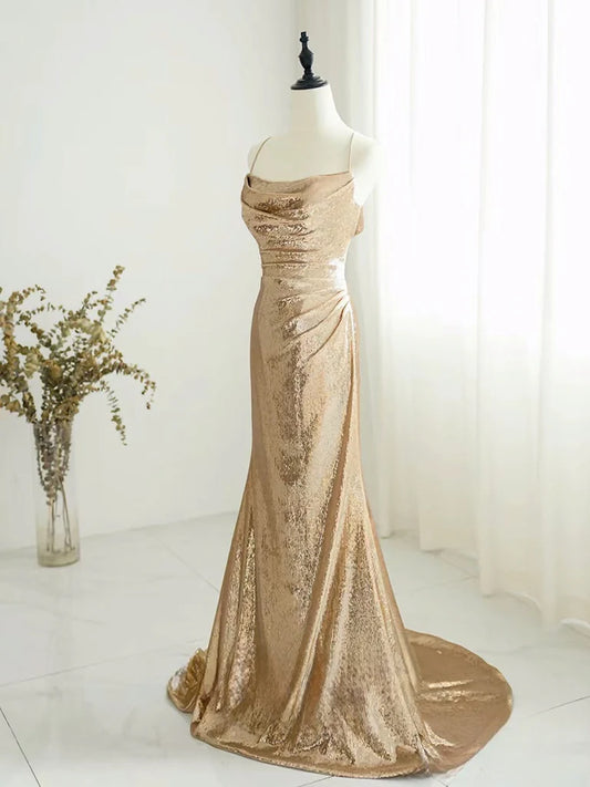 Sleek mermaid spaghetti-strap cowl-neck lace-up back floor-length sequin prom dress