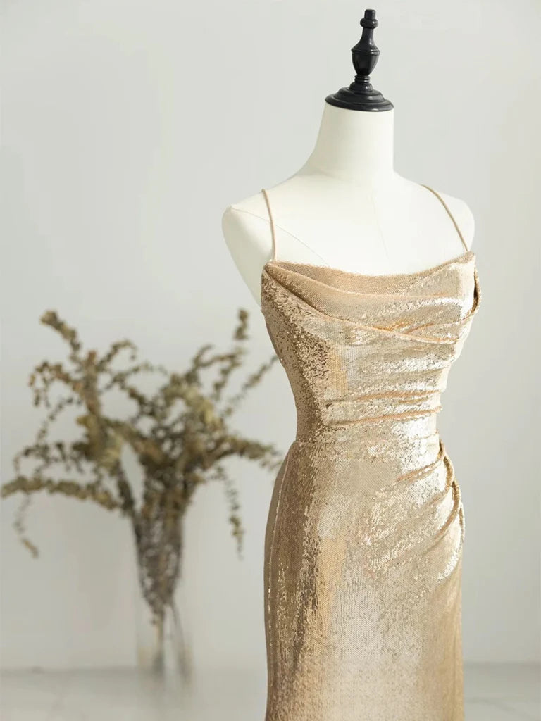 Sleek mermaid spaghetti-strap cowl-neck lace-up back floor-length sequin prom dress