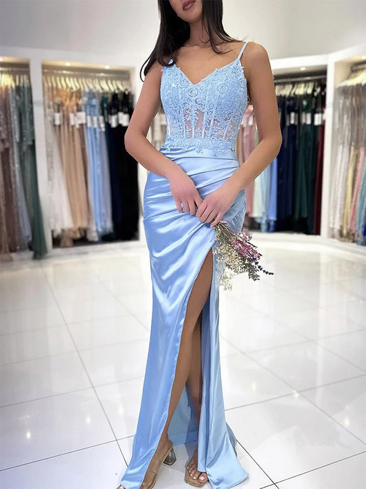 Sleek mermaid spaghetti-strap sweetheart lace-corset high-slit floor-length prom dress