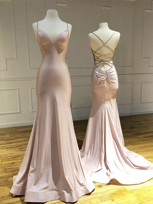 Sleek mermaid spaghetti-strap sweetheart lace-up back floor-length prom dress