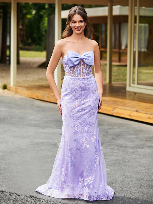 Sleek mermaid strapless sweetheart lace-bodice large-bow floor-length evening dress