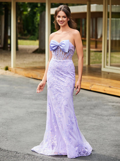 Sleek mermaid strapless sweetheart lace-bodice large-bow floor-length evening dress