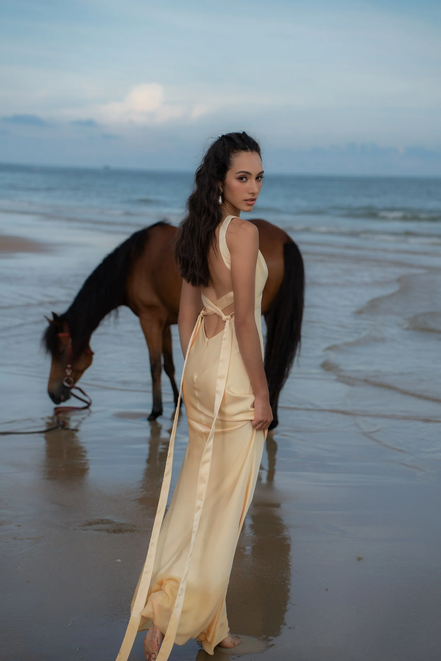 Sleek satin V-neck sleeveless crisscross-back mermaid floor-length evening dress