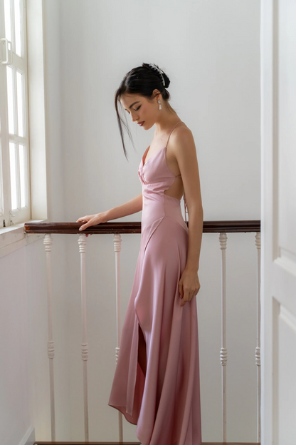 Sleek satin V-neck spaghetti strap open-back A-line floor-length evening dress