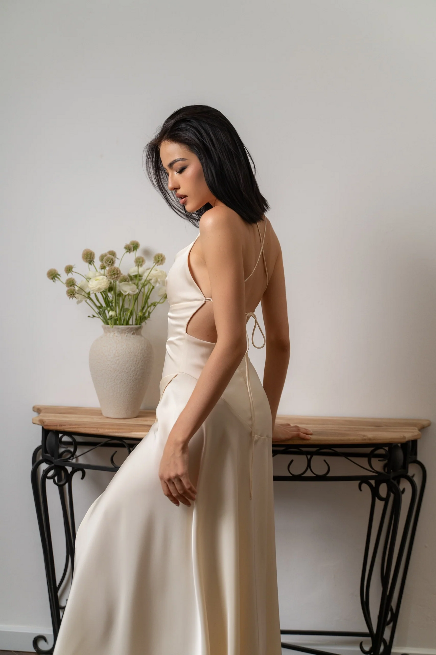 Sleek satin V-neck spaghetti strap open-back A-line floor-length evening dress