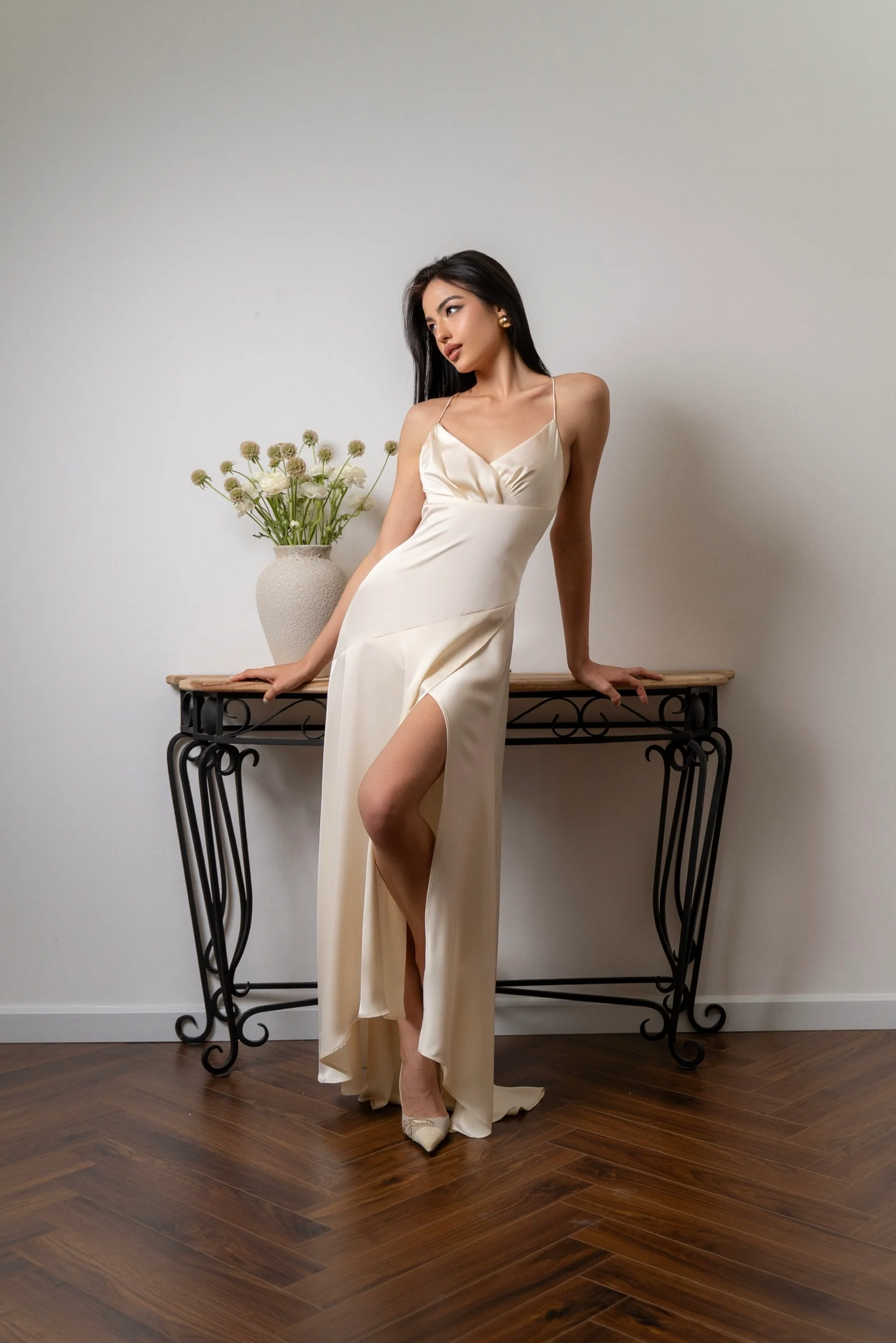 Sleek satin V-neck spaghetti strap open-back A-line floor-length evening dress