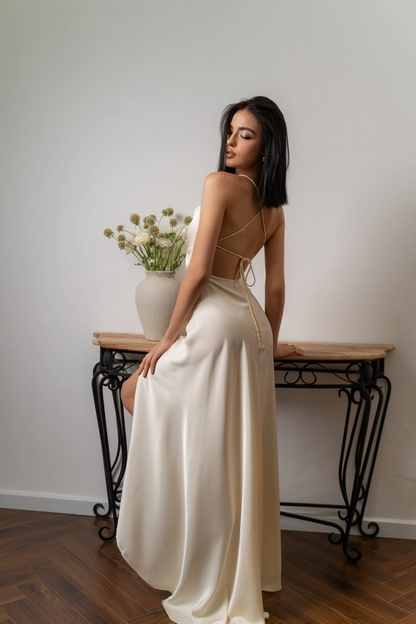 Sleek satin V-neck spaghetti strap open-back A-line floor-length evening dress