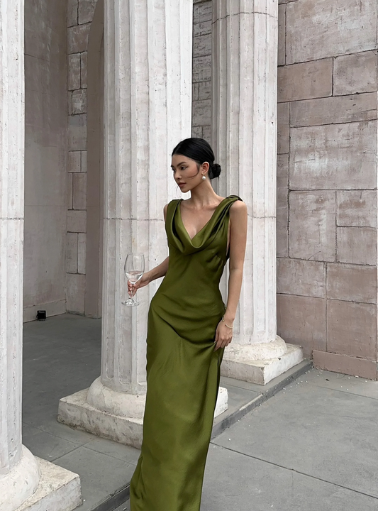 Sleek satin cowl neck sleeveless open-back floor-length evening dress
