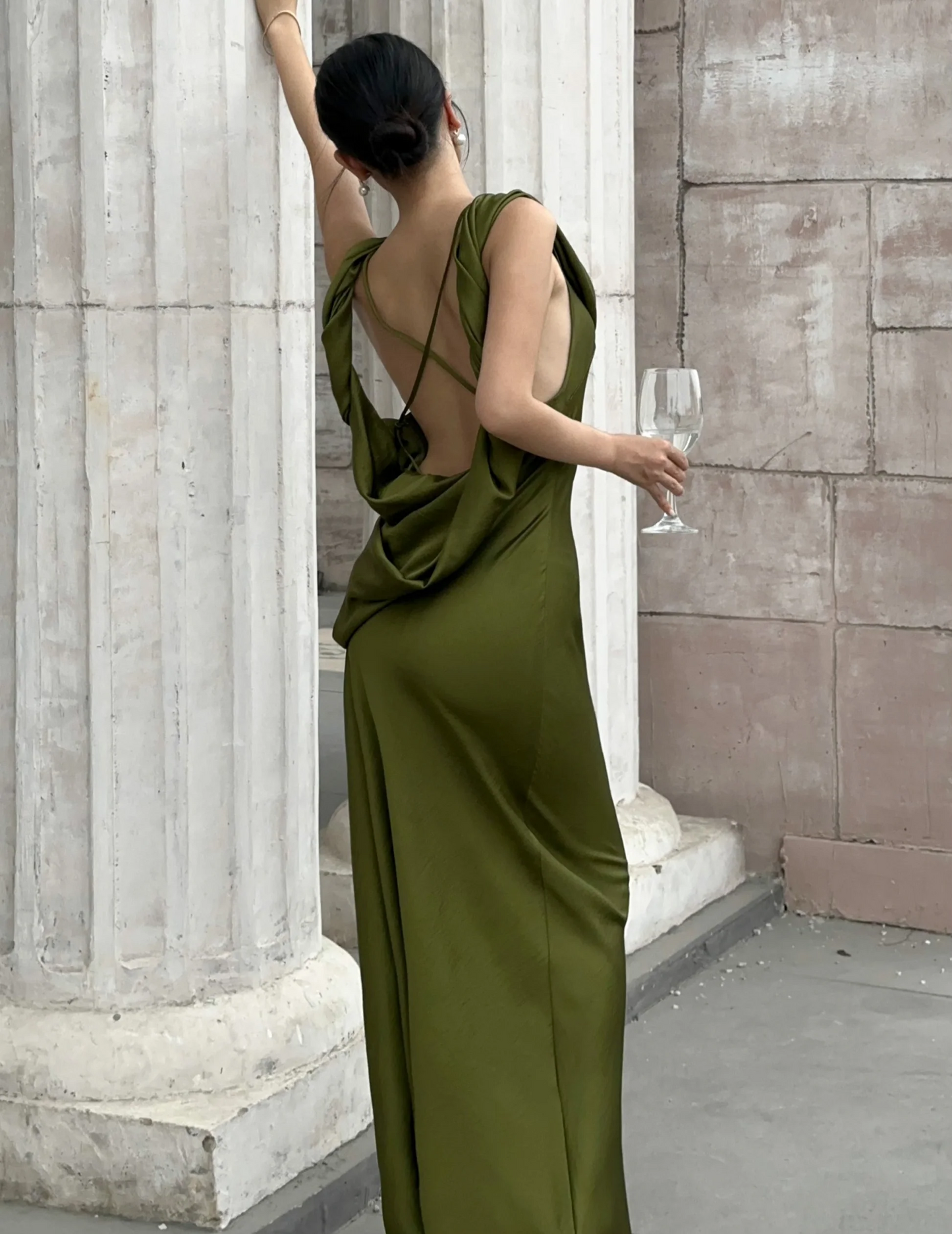 Sleek satin cowl neck sleeveless open-back floor-length evening dress