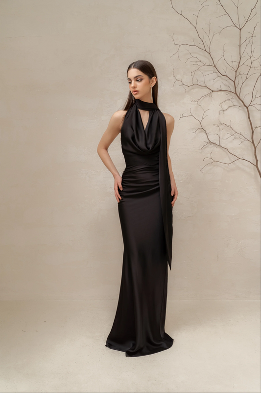Sleek satin halter sleeveless draped open-back mermaid floor-length evening dress