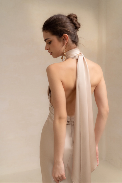 Sleek satin halter sleeveless open-back tie detail floor-length evening dress
