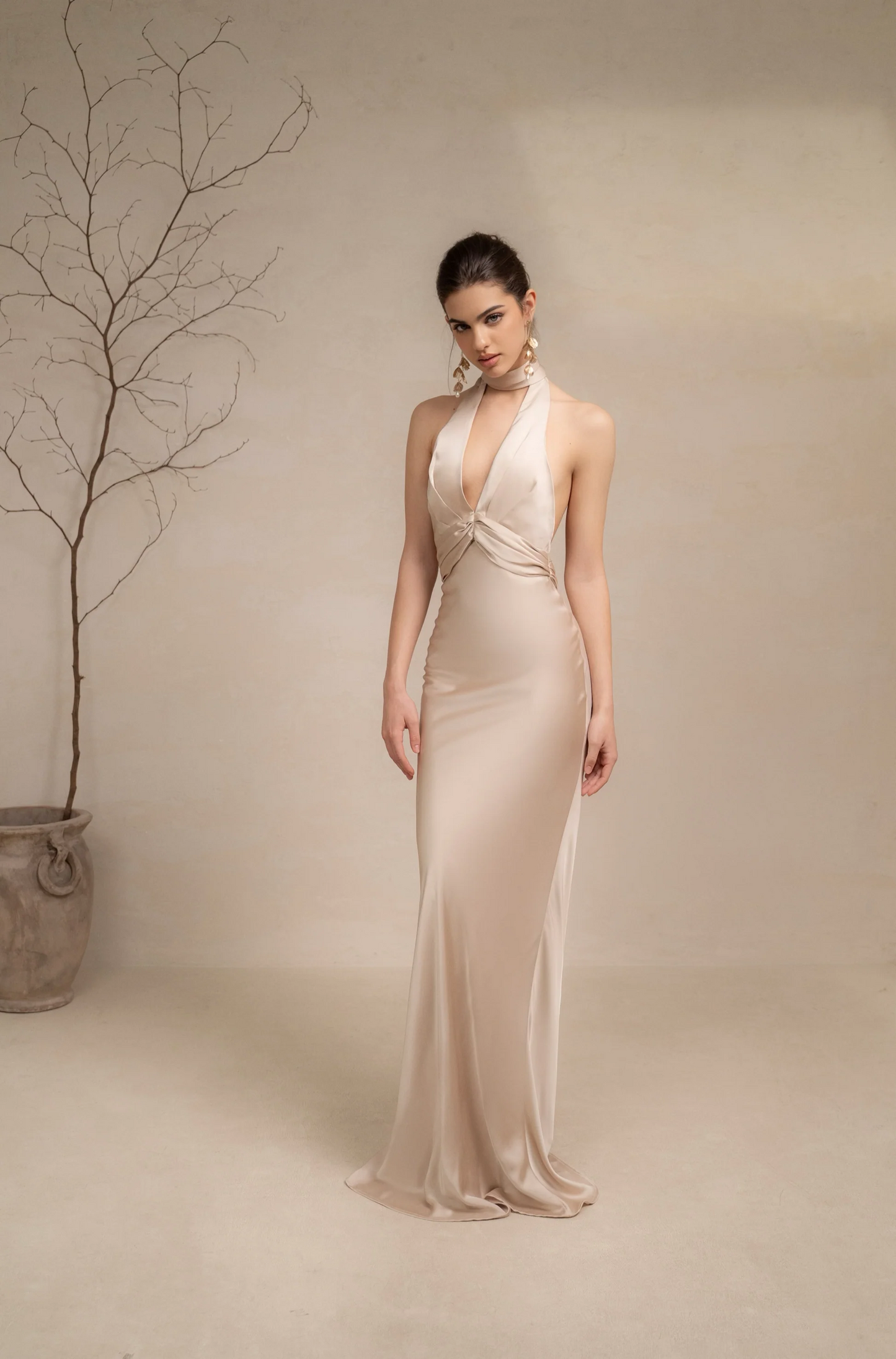 Sleek satin halter sleeveless open-back tie detail floor-length evening dress