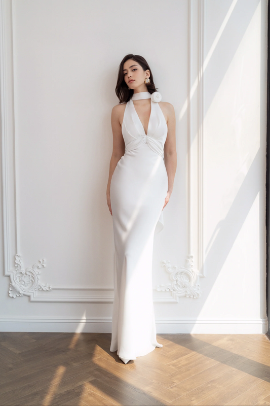 Sleek satin halter sleeveless open-back tie detail floor-length evening dress