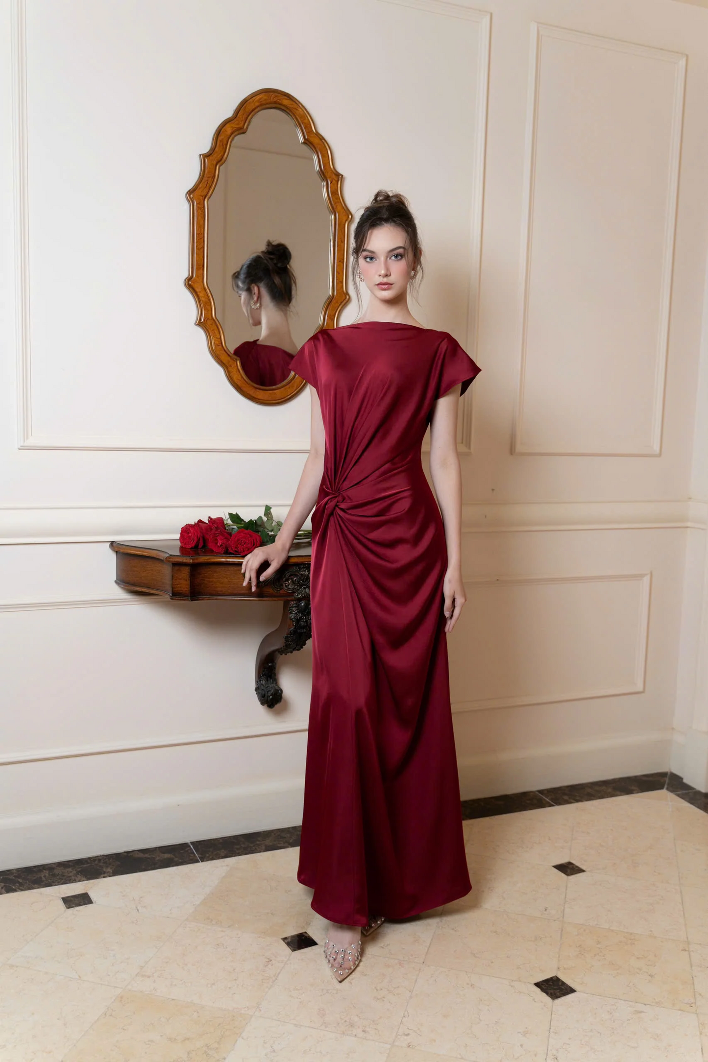 Sleek satin twist A-line bateau cap sleeve floor-length evening dress