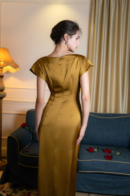 Sleek satin twist A-line bateau cap sleeve floor-length evening dress