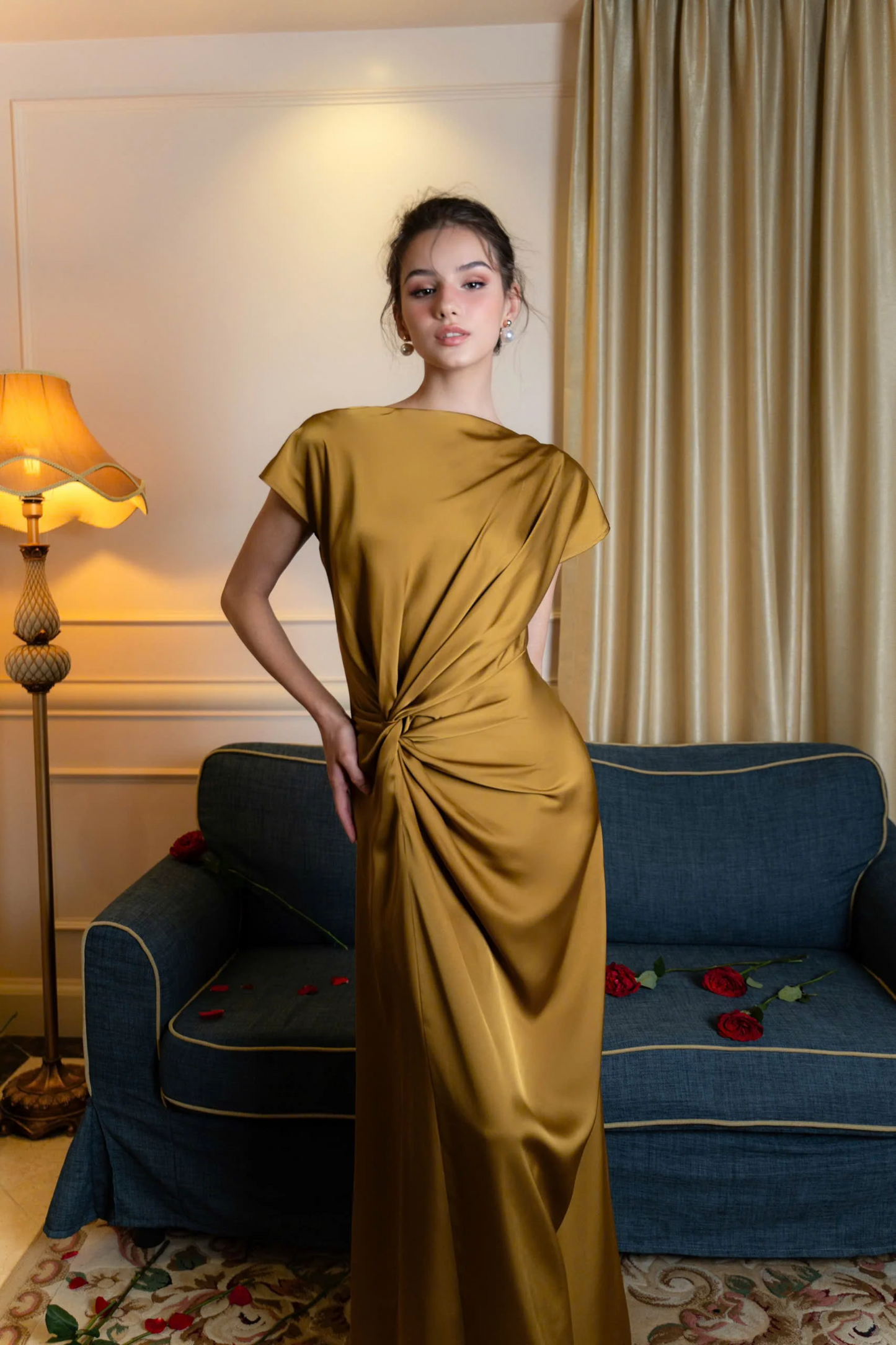 Sleek satin twist A-line bateau cap sleeve floor-length evening dress