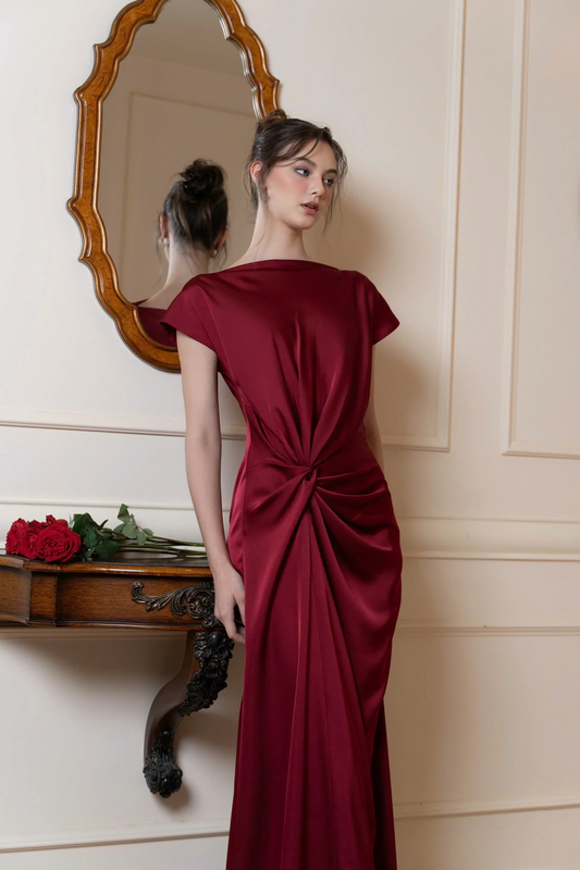 Sleek satin twist A-line bateau cap sleeve floor-length evening dress