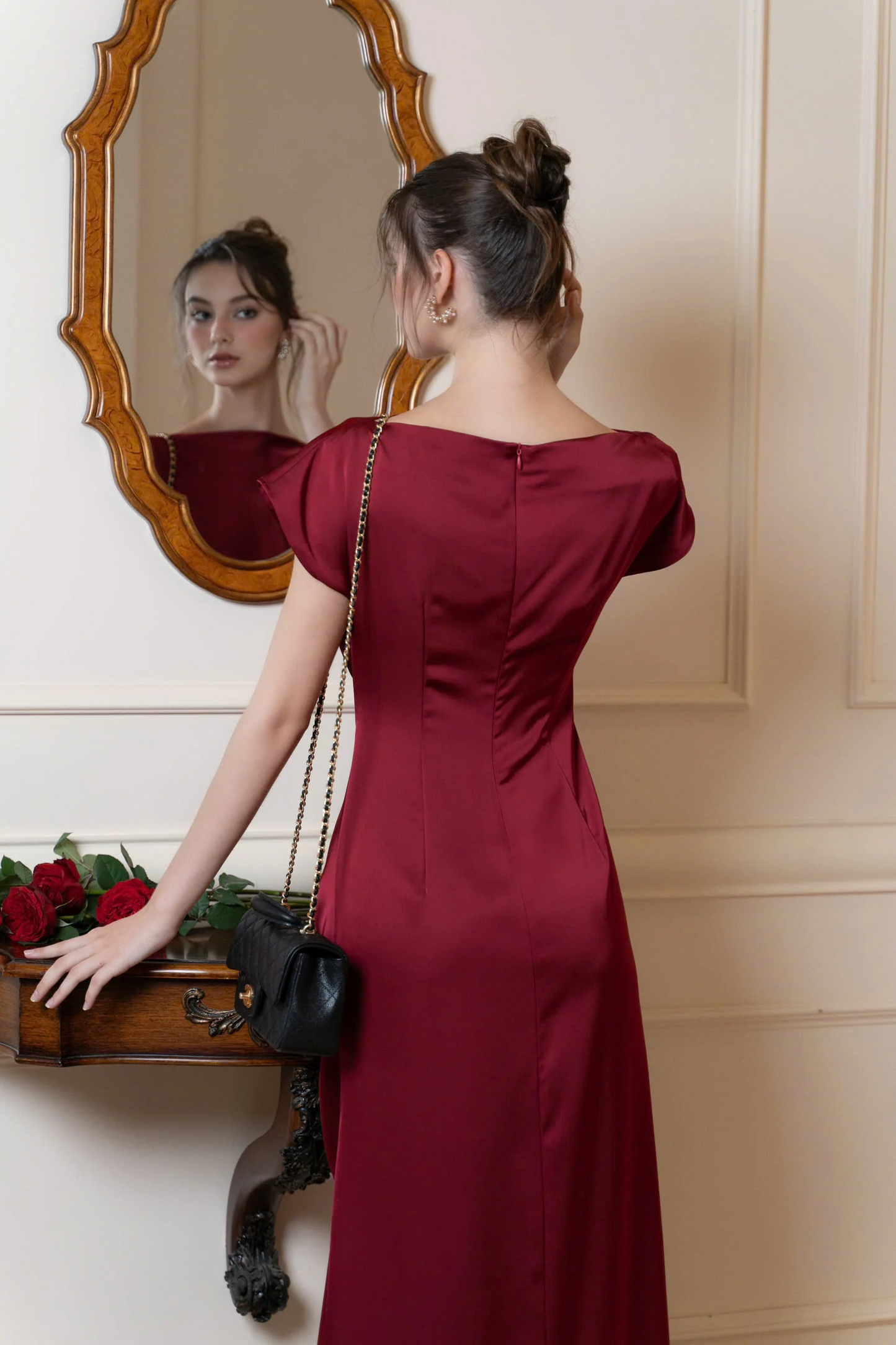 Sleek satin twist A-line bateau cap sleeve floor-length evening dress