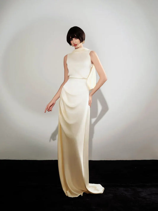 Sleeveless Satin Evening Dress with Cowl Neck, Draped Back Detail and Floor-Length Train