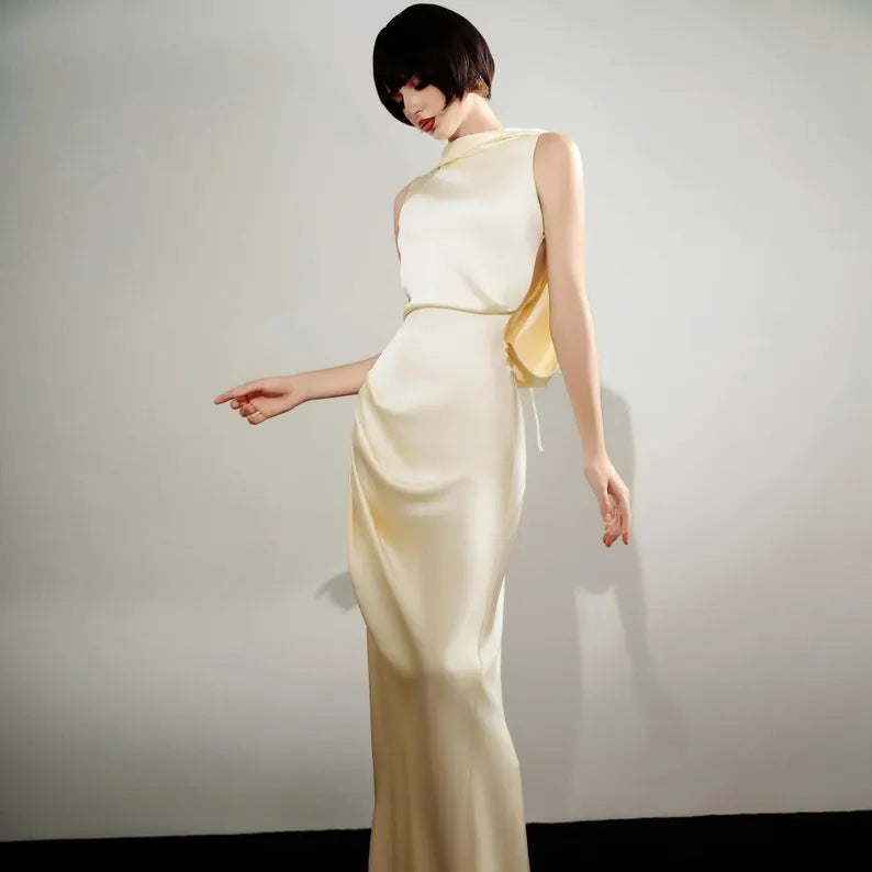 Sleeveless Satin Evening Dress with Cowl Neck, Draped Back Detail and Floor-Length Train