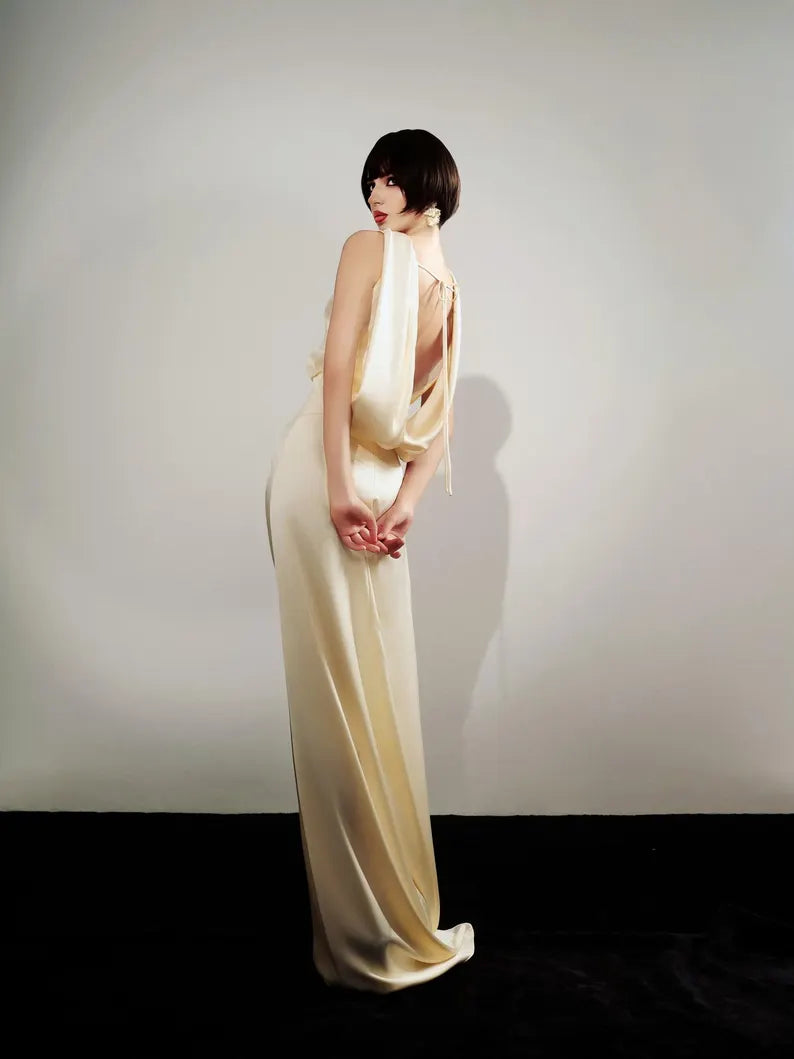Sleeveless Satin Evening Dress with Cowl Neck, Draped Back Detail and Floor-Length Train