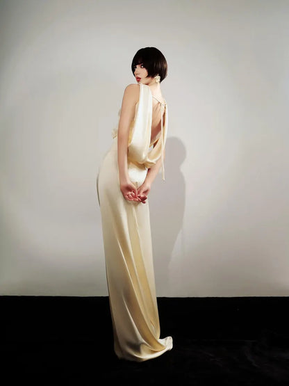 Sleeveless Satin Evening Dress with Cowl Neck, Draped Back Detail and Floor-Length Train