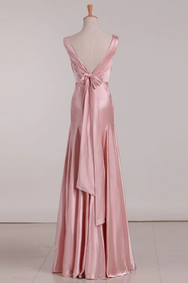 Elegant Lustrous Satin A-Line V-Neck Open-Back Bow-Tie Floor-Length Prom Dress