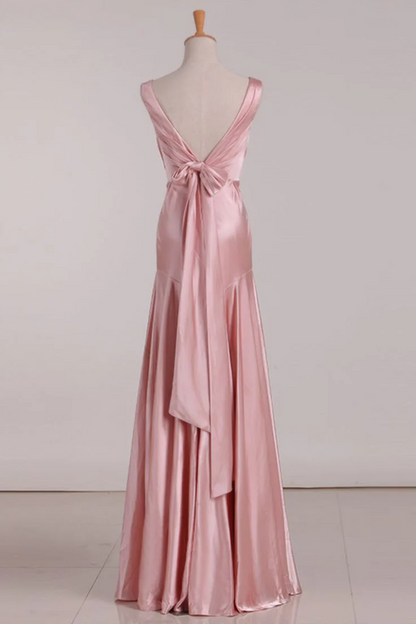 Elegant Lustrous Satin A-Line V-Neck Open-Back Bow-Tie Floor-Length Prom Dress