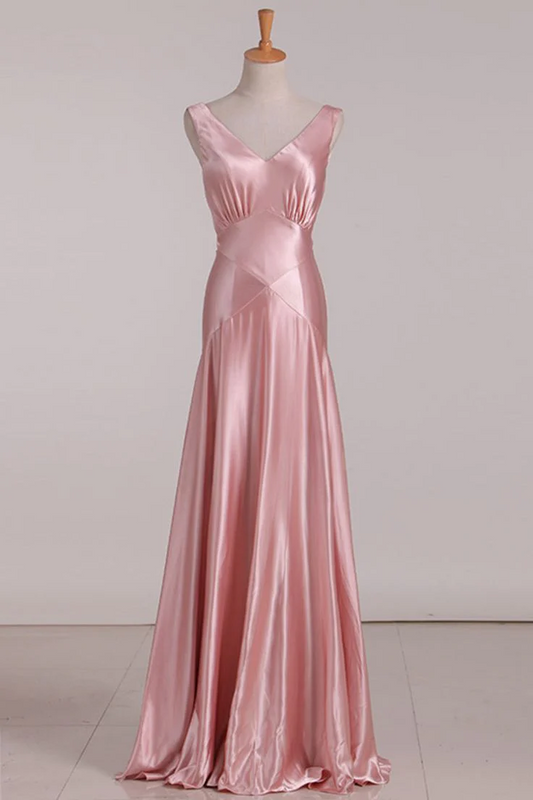 Sleeveless V-Neck Open-Back Bow-Tie Floor Length Satin Prom Dresses