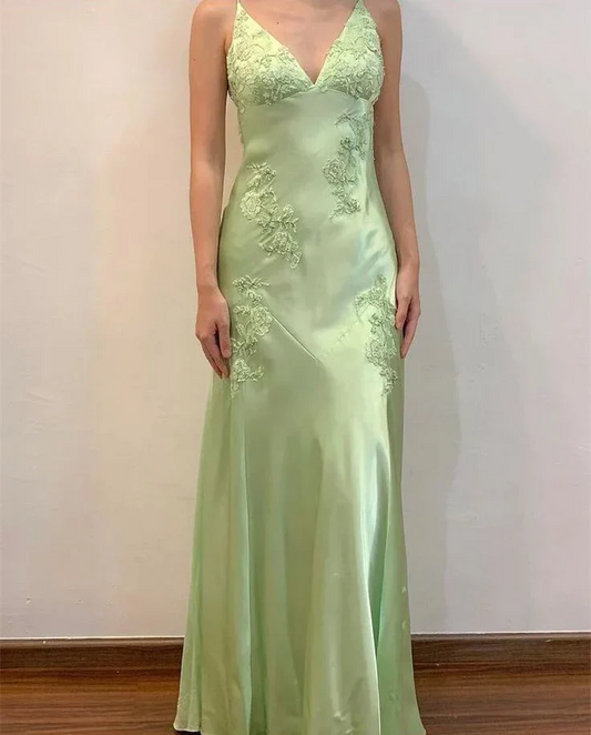 Soft Green Satin Slip V Neck Spaghetti Straps Open Tie Back Floor Length Prom Dresses