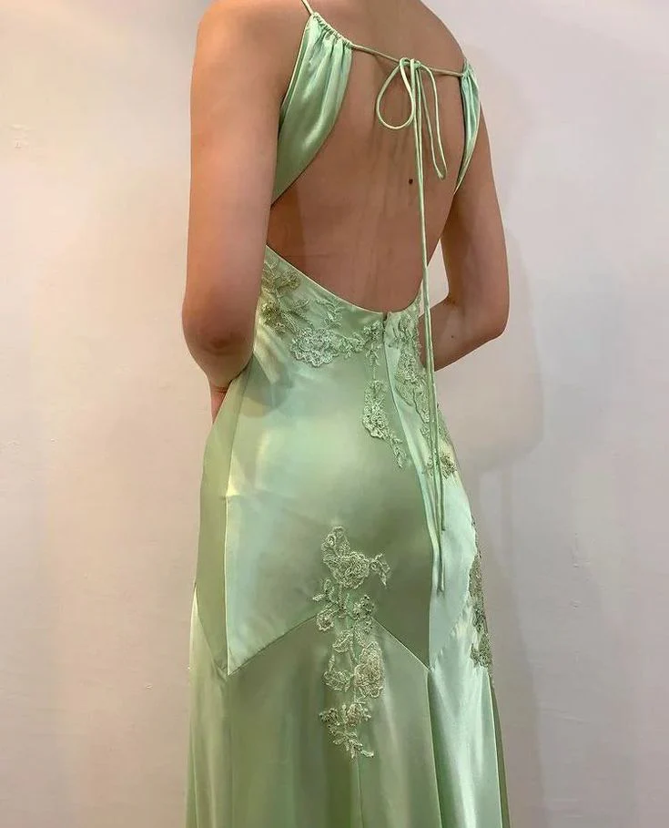 Soft Green Satin Slip V Neck Spaghetti Straps Open Tie Back Floor Length Prom Dresses