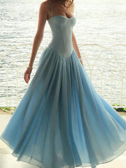 Soft Sky Blue A Line Sweetheart Spaghetti Straps Lace Up Back Floor Length Evening dress